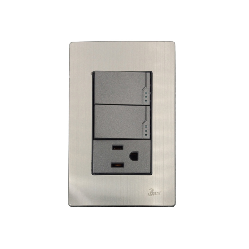 INTERRUPTOR DOBLE+TOMA CON TIERRA SERIE INOX  BARI                                                                      