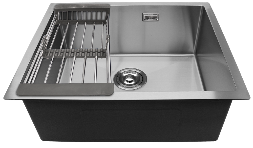 FREGADERO DE LUJO, ACERO INOXIDABLE, UNA TINA 55X45X22 CM, PARA EMPOTRAR, SATINADO CON ACCESORIOS, METALES ALEADOS      