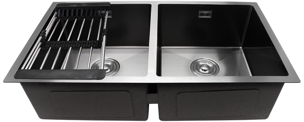 FREGADERO DE LUJO, ACERO INOXIDABLE, NEGRO, DOBLE TINA 82X45X22 CM, CTM EMPOTAR C/ACCESORIOS, METALES ALEADOS