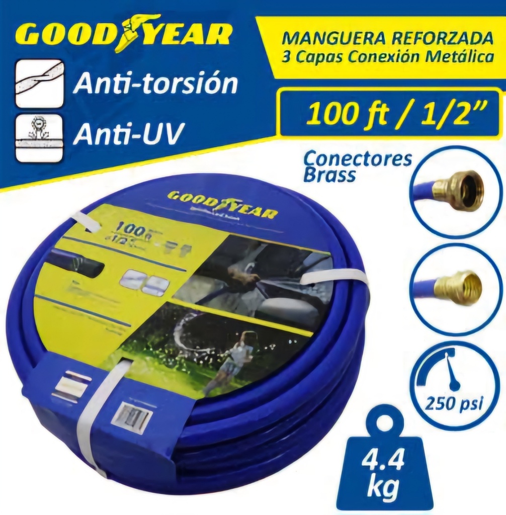 MANGUERA REFORZADA 3 CAPAS 1/2" 23 MTS C/CONEX DE BRONCE GOODYEAR                                                       