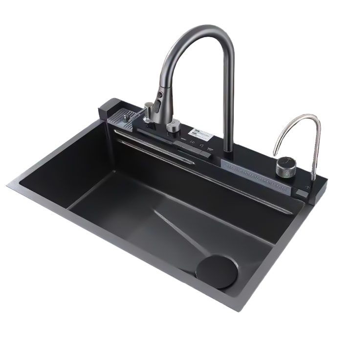 FREGADERO MULTIFUNCIONAL NEGRO, 75X46X22CM, INTEGRADO UNA TINA ACERO INOXIDABLE DIAMANTE SOBRE TOPE, FRE.01.16, BARI