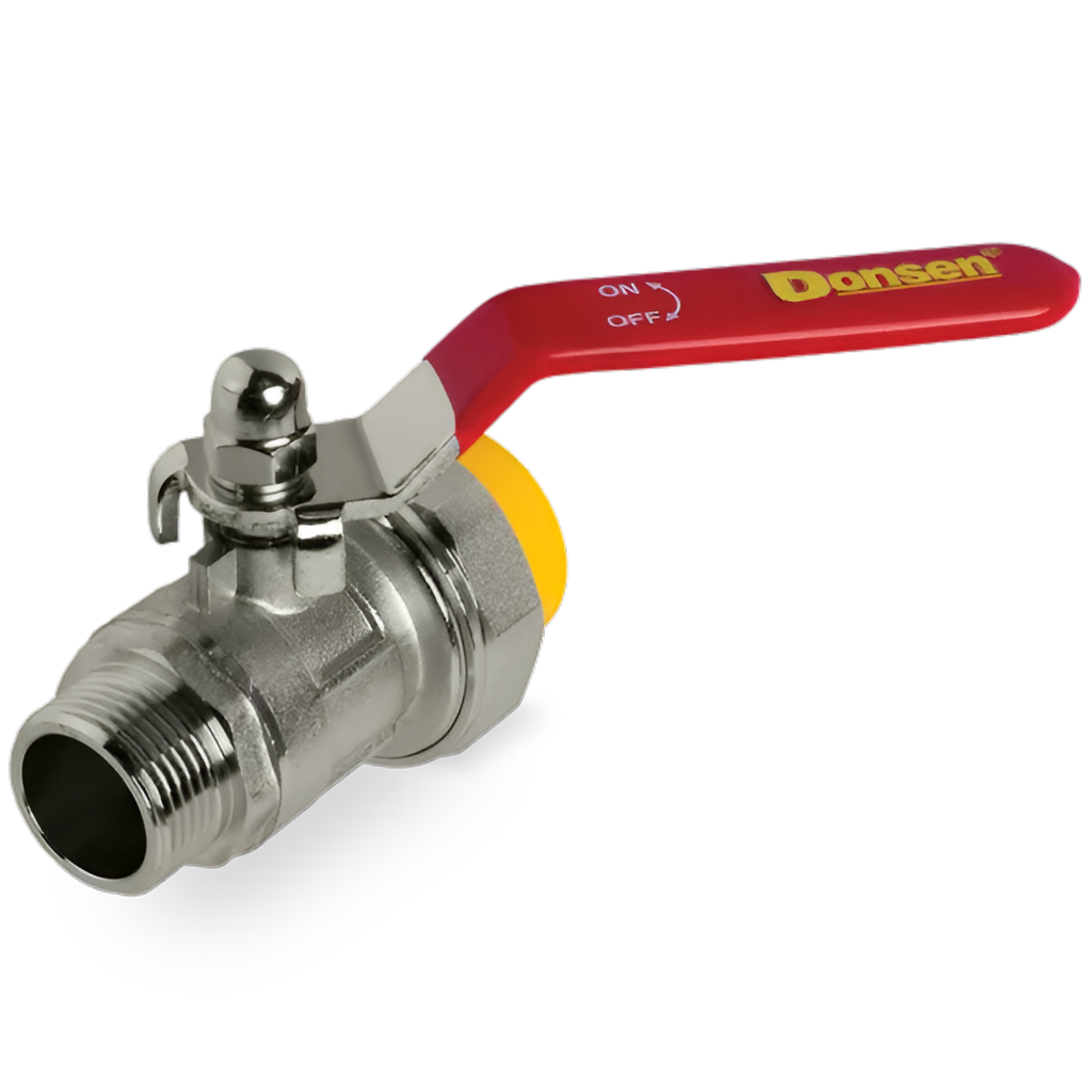LLAVE DE PASO ESFÉRICA 20 MM (1/2") MACHO C/UNIÓN LINEA AMARILLA DONSEN