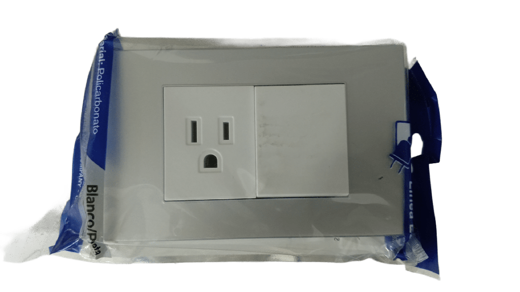 INTERRUPTOR + RECEPTACULO C/TIERRA 15AMP - 125V  BLANCO METALICO PLATA TANIA