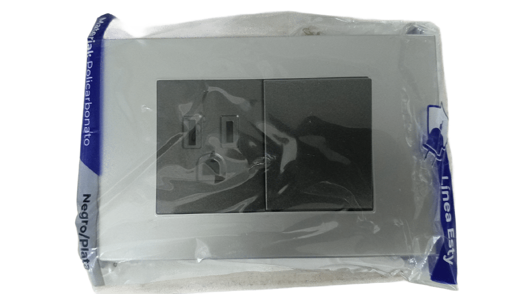 INTERRUPTOR + RECEPTACULO C/TIERRA 15AMP - 125V  NEGRO METALICO PLATA,TANIA