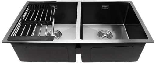 [79.16.MET-908] FREGADERO DE LUJO, ACERO INOXIDABLE, NEGRO, DOBLE TINA 82X45X22 CM, CTM EMPOTAR C/ACCESORIOS, METALES ALEADOS