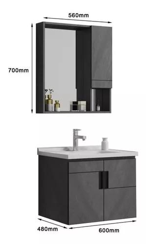 [06.02.329-60] MUEBLE DE BAÑO GRIS 60X50X48 CM, C/LAVAMANOS+GABINETE + ESPEJO, 329-60, METALES ALEADOS                                 