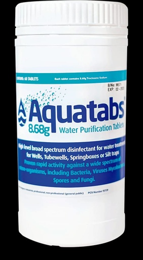 [79.17.AQUA60T] AQUATABS 8.68g - 60 TABLETAS (1 TABLETA  PURIFICA 5000 LITROS DE AGUA)"