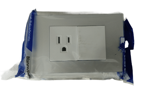 [KOB-E7222WMS] INTERRUPTOR + RECEPTACULO C/TIERRA 15AMP - 125V  BLANCO METALICO PLATA TANIA