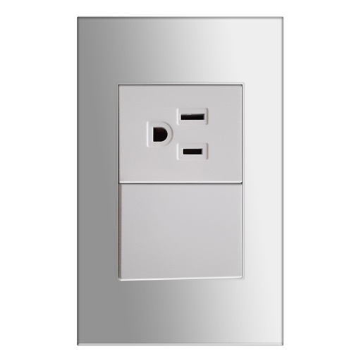 [KOB-E7222WMS] INTERRUPTOR + RECEPTACULO C/TIERRA 15AMP - 125V  BLANCO METALICO PLATA TANIA