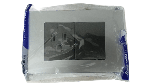 [KOB-E7222BMS] INTERRUPTOR + RECEPTACULO C/TIERRA 15AMP - 125V  NEGRO METALICO PLATA,TANIA