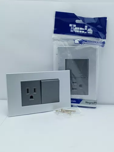 [KOB-E7222BMS] INTERRUPTOR + RECEPTACULO C/TIERRA 15AMP - 125V  NEGRO METALICO PLATA,TANIA