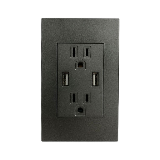 [KOB-E7236BMS] TOMA DOBLE CON TIERRA 15AMP + TOMA DOBLE USB TIPO C/A  3.0A - 15A/125V NEGRO METALICO PLATA,TANIA