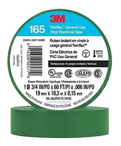 [67.01.505VE] CINTA AISLANTE 3M TEAMFLEX 165 COLOR VERDE 3/4" X 18,3mts
